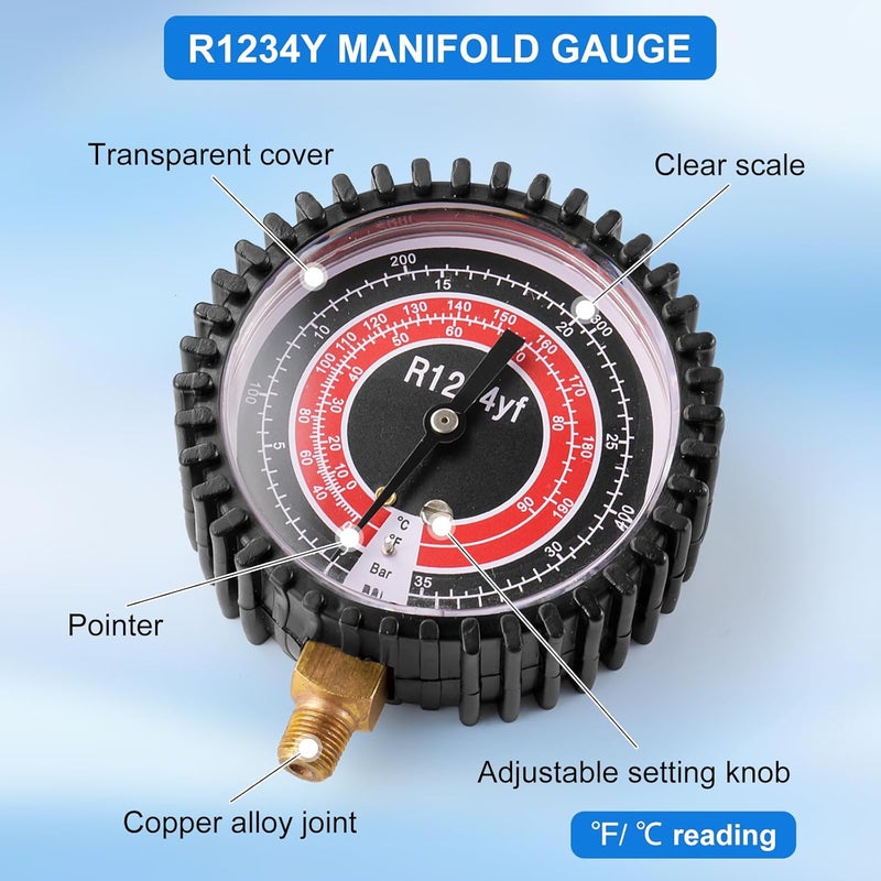 Tigbear R1234YF Refrigeration Pressure Gauge, High and Low Manifold Gauge Kit with 1/8" Male NPT Lower Mount, 500 PSI, 80mm R1234YF Air Conditioning Refrigerant Recharge Pressure Gauge - Image 2